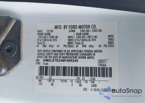 2021 Ford Transit Connect Xl Cargo Van из США, поврежденный, VIN NM0LS7E24M1495245